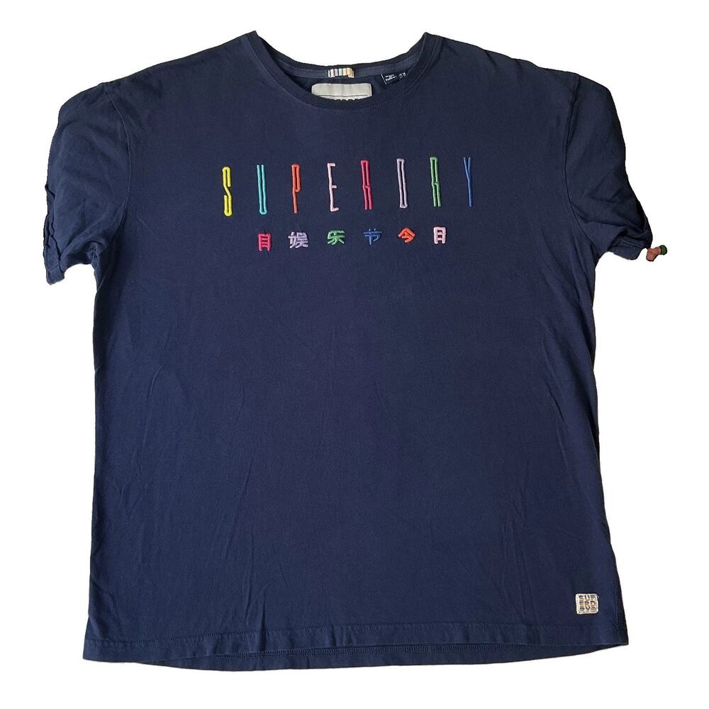 Superdry Women Shirt US L Navy Embroidered Crew Neck Pullover Short Sleeve